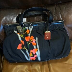 Furla Black Tote with Orange Floral Design